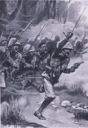 Briter som anklager Ashantis ved Amoaful, 31. januar 1874, illustrasjon fra British Battles on Land and Sea, 1915