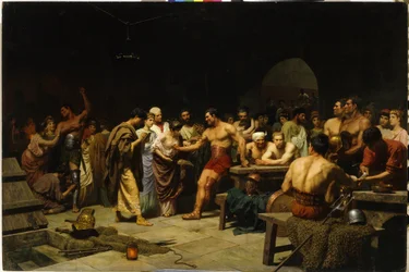 Gladiatorer før de går inn på arenaen. (Gladiatorene før en opptreden på Arena). Romerske patrisiere besøker og vurderer fysikken til gladiatorer før kampen, kvinner smigrer og gratulerer kjemperne. Maleri av Stepan (