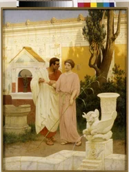 Spørsmål og svar (Dialog mellom et par i hagen til et gammelt romersk palass) - Maleri av Stepan (Stefan) Vladislavovich Bakalowicz (1857-1947), olje på lerret