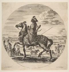 En maurisk rytter vendt mot venstre, stående og sittende tyrkere i mellomgrunnen, en..., ca. 1651.