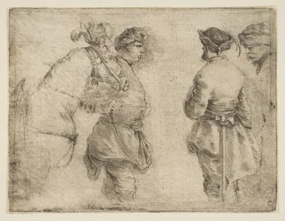 En stang som leder en hest ved hodelaget og snakker med to andre menn, ca. 1662.