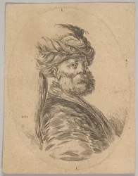 En tyrkisk mann med skjegg og turban med en lang fjær foran, ble trekvart..., 1650.