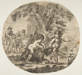 Et barn og et satyrbarn leker med en geit, ca. 1657.