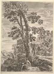 En fisker i midten vendt mot venstre og lent mot et stort tre, en kvinne som går..., ca. 1652-57.