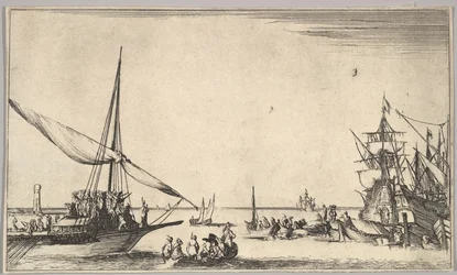 En bysse som ankommer havn til venstre, flere robåter i midten, skip i havn til høyre, fra..., 1639.