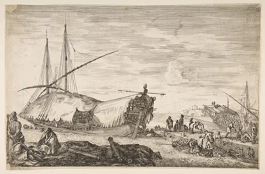 En bysse dekket av seil til venstre, seks kanoner og fire personer til venstre i forgrunnen, en ..., 1655.