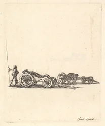 En morter og en kanon, begge montert på vogner, en soldat vist fra bakre sta..., ca. 1638-43.