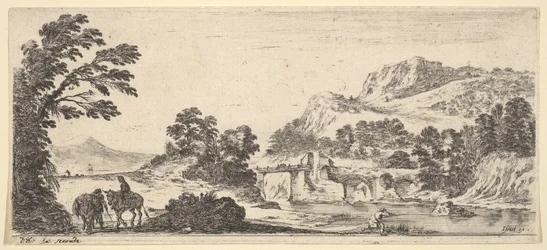 Et muldyr som bærer en kvinne og en bonde som går med et muldyr til venstre, en fisker til høyre..., ca. 1641.
