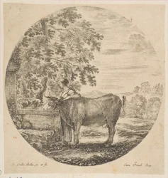 En bondekvinne med en ku ved en fontene dekorert med Medici-armene, fra Six ani..., ca. 1646.