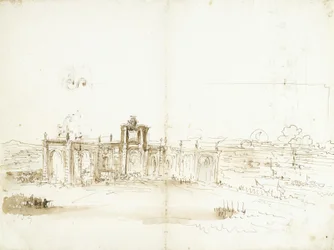 Utsikt over havnen i Livorno med en bygning som bærer Medici-familiens våpen [recto]; havneutsikt og to ornamentstudier [verso]