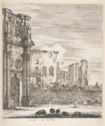 Konstantinbuen og Colosseum med beitende sauer i forgrunnen, fra «Seks store utsikter, fire over Roma og to over den romerske Campagna» (Seks store utsikter, hvorav fire over Roma og to over den romerske Campagna)