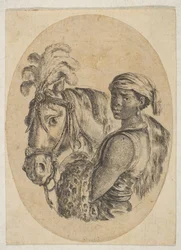 En svart slave bærer et leopardskinn og holder tømmene til en hest, fra Flere hoder ..., 1649-50