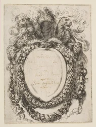 Cartouche kronet av hjelm og leoparder, 1647.