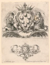 Coat of Arms of the Grand Duke of Toscana: Ornament with a Lion Mask, nr. 6 fra "Samling av diverse capriccii et ni oppfinnelser av mapper og ornamenter"