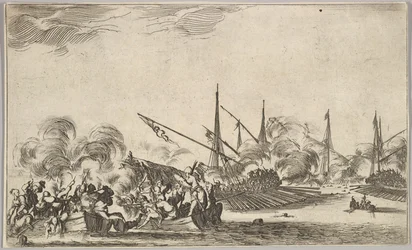 Kamp mellom flere robåter og skip, to grupper menn i robåter som kjemper til venstre..., 1639.