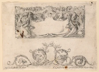 Escutcheon, Rinceaux, No. 16 fra "Samling av forskjellige innfall og ni oppfinnelser av mapper og ornamenter"