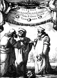 Frontispice av Galileos Dialogue of the Maximum Systems, 1632