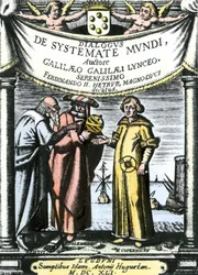 Frontispiece til «Dialog om de to viktigste verdenssystemene» av Galileo, utgitt i 1632 (gravering