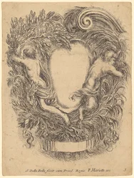 Kartusj med en mann og en satyr