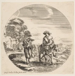 Landskap med to bønder, en som rir på en hest, fra landskap og havner Paysages ..., 1656.