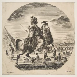 Maurisk rytter i profil vendt mot høyre, i bakgrunnen en pyramide til venstre, mange fi..., ca. 1651.