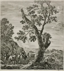 Mounted Peasant with a Child in Her Arms, plate seks fra The Six Large Views of Roma and the Campagna
