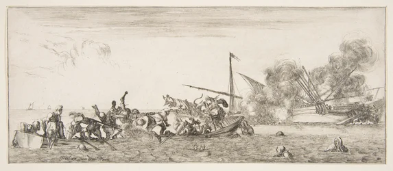 Sjøslag, en robåt fylt med folk som kjemper med musketter til venstre, folk drukner..., ca. 1641.