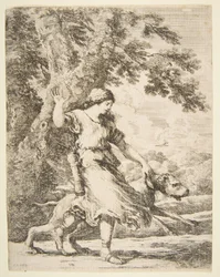 Nymfe som holder en stor hund ved halsbåndet, ca. 1654.