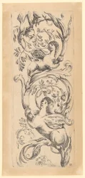 Ornamentalt panel med tre sfinkser, blad 3 fra serien «Ornamenter eller grotesker»