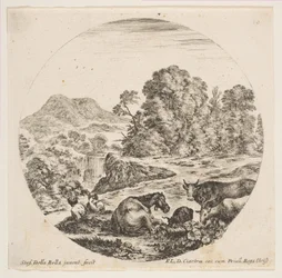 Plate 10: en hest som ligger i midten, en ku og to geiter til høyre, to sittende sauer..., ca. 1646.