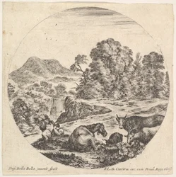 Plate 10: en hest som ligger i midten, en ku og to geiter til høyre, to sittende sh..., ca. 1643-48.