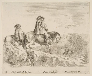 Plate 10: to ryttere som går ned et fjell til venstre, en annen rytter til høyre i ..., ca. 1644-47.