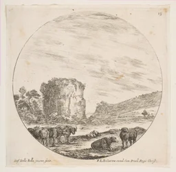 Plate 13: ruiner av et tempel i et romersk landskap, fra romerske landskap og ruiner P..., ca. 1646.