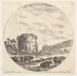Plate 13: ruiner av et gammelt tempel i bakgrunnen, en flokk med kyr i forkant..., ca. 1643-48.