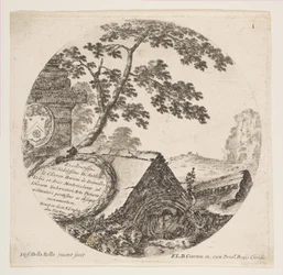 Plate 1: fragmenter fra fortidsminner, fra romerske landskap og ruiner Paysages..., ca. 1646.