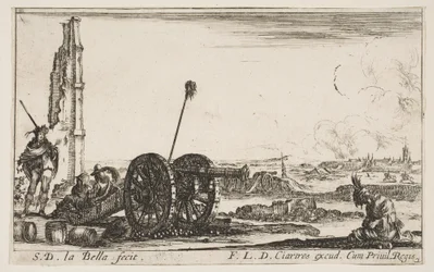 Plate 2: En kanon til venstre, en by i bakgrunnen, fra Various Military Capric..., ca. 1641.