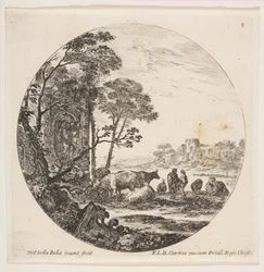 Plate 4: en korintisk hovedstad på bakken til venstre, et monument med figurer i lav re..., ca. 1646.