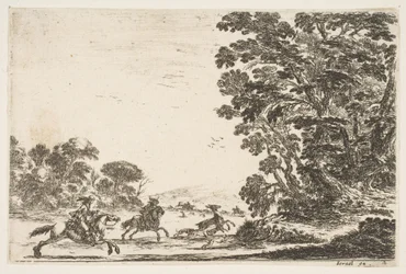 Plate 4: en hjortejakt, to ryttere galopperende mot venstre bak tre hunder og en hjort..., 1642.