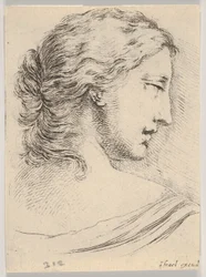 Plate 5: hodet til en kvinne, dreid i profil til høyre, fra Diverse hoder og figurer..., 1650.