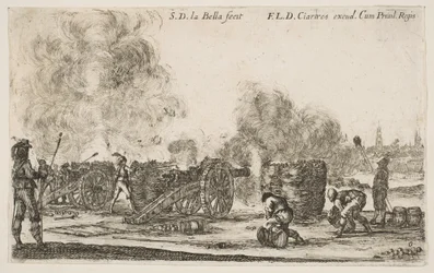 Plate 6: batteri av kanoner som skyter mot en by, fra Various Military Caprices Varii ..., ca. 1641.