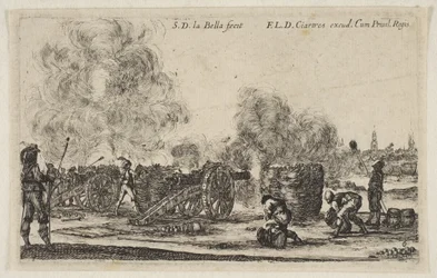 Plate 6: batteri av kanoner som skyter mot en by, fra Various Military Caprices Varii ..., ca. 1641.