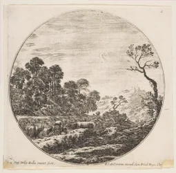 Plate 6: kyr krysser en dal til venstre, en rytter og andre kyr i bakgrunnen..., ca. 1646.