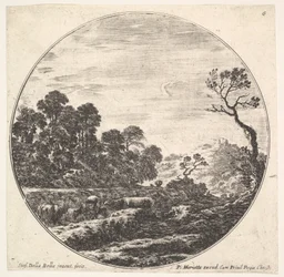 Plate 6: kyr krysser en dal til venstre, en gruppe trær til venstre, en rytter og o..., ca. 1643-48.