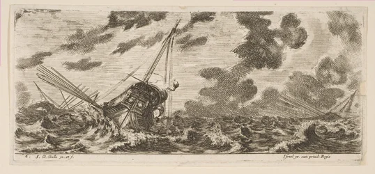 Plate 6: tre skip i en storm, fra Various Embarkations Divers embarquements, ca. 1646-47.
