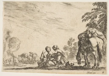 Plate 6: to kvinner, en som ammer et barn, sittende ved siden av en hund og en hest som bærer en sekk..., 1642.