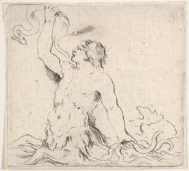 Plate 7: en triton i vannet, vendt mot venstre, holder opp en ål i høyre hånd og t..., ca. 1646.