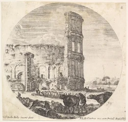 Plate 8: Colosseum, to flokker blir rettet mot amfiteateret i fo..., ca. 1643-48.