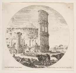 Plate 8: Colosseum, to flokker blir rettet mot amfiteateret i forkant..., ca. 1646.