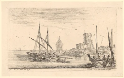 Marinemaleri med flere skip og et gammelt tårn ved stranden
