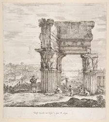 Vespasians tempel og Forum Romanum, fra seks store utsikter, fire av Roma, og to ..., 1656.